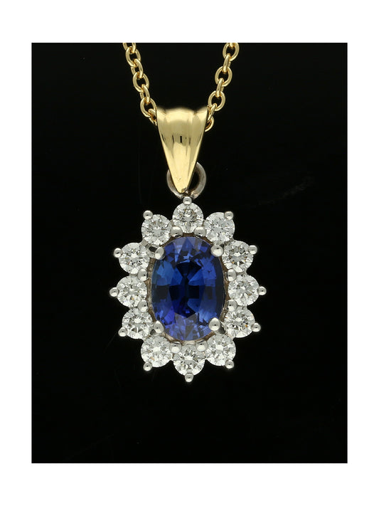 Sapphire & Diamond Oval Cluster Pendant Necklace in 18ct Yellow & White Gold
