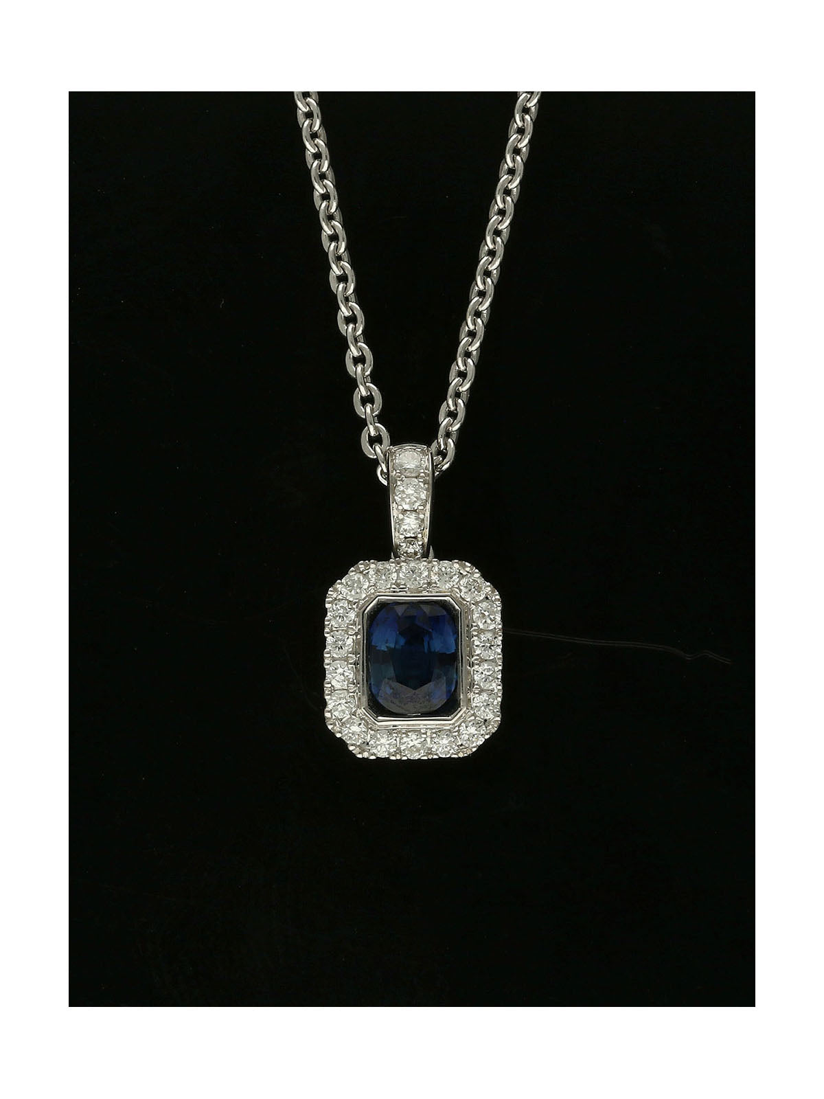 Sapphire & Diamond Square Halo Pendant in 18ct White Gold on 18" Chain