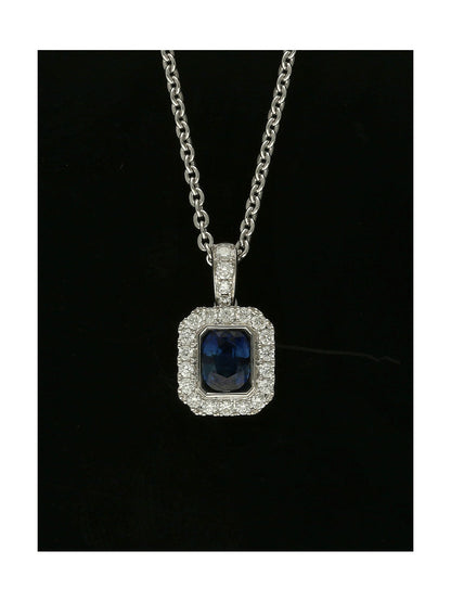 Sapphire & Diamond Square Halo Pendant in 18ct White Gold on 18" Chain