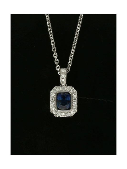 Sapphire & Diamond Square Halo Pendant in 18ct White Gold on 18" Chain