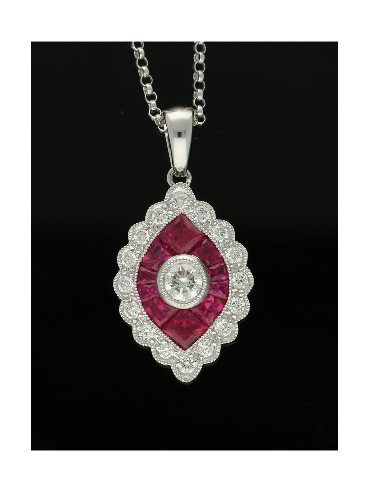 Ruby & Diamond Cluster Pendant Necklace in 18ct White Gold