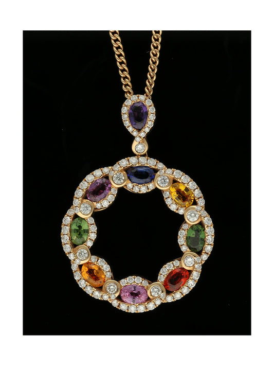 Multicolour Sapphire & Diamond Circle Necklace in 18ct Rose Gold