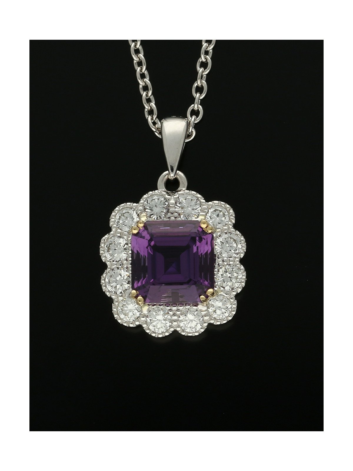Amethyst and Diamond Cluster Pendant Necklace in 18ct Yellow and White Gold