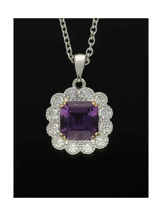 Amethyst and Diamond Cluster Pendant Necklace in 18ct Yellow and White Gold