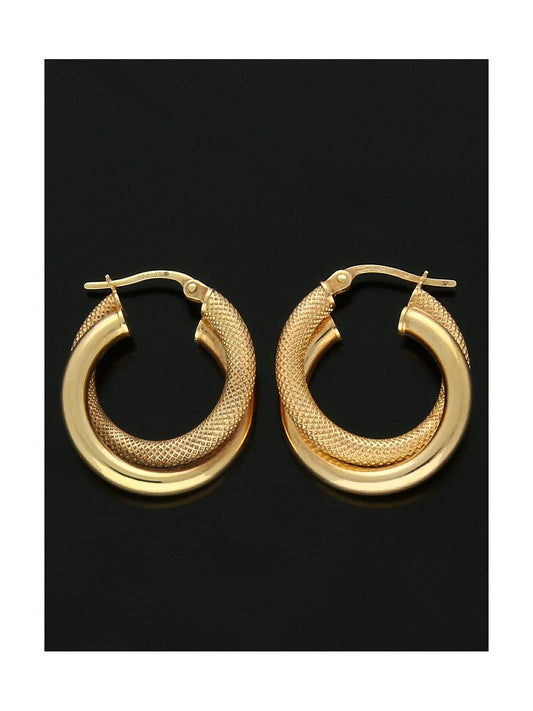 Plain & Patterned Double Hoop Earrings 20mm in 9ct Yellow Gold