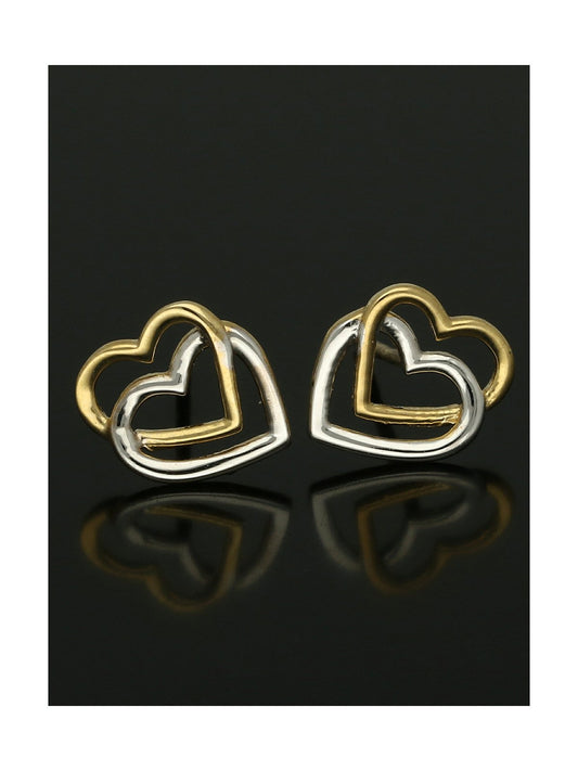 Double Heart Stud Earrings 9mm in 9ct Yellow & White Gold