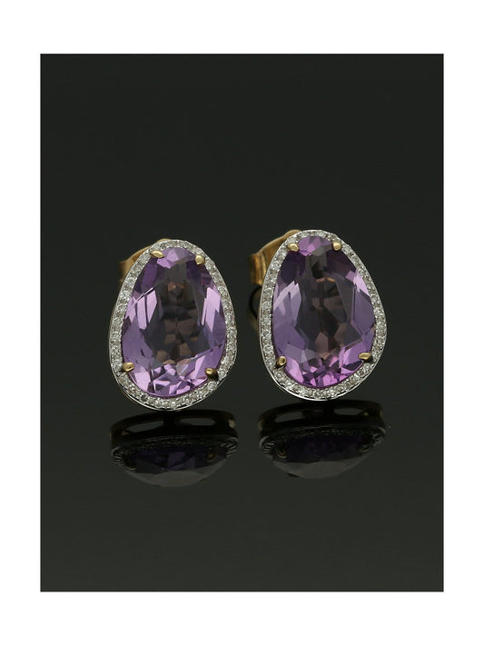Amethyst & Diamond Cluster Earrings in 9ct Yellow Gold