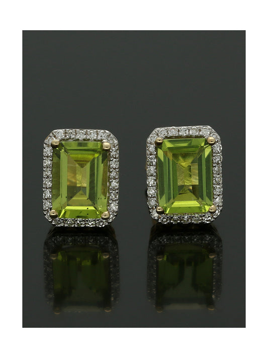 Peridot & Diamond Cluster Stud Earrings 7x9mm in 9ct Yellow Gold