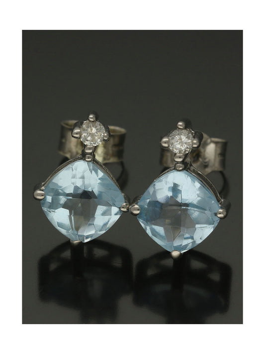 Blue Topaz & Diamond Cushion Stud Earrings in 9ct White Gold
