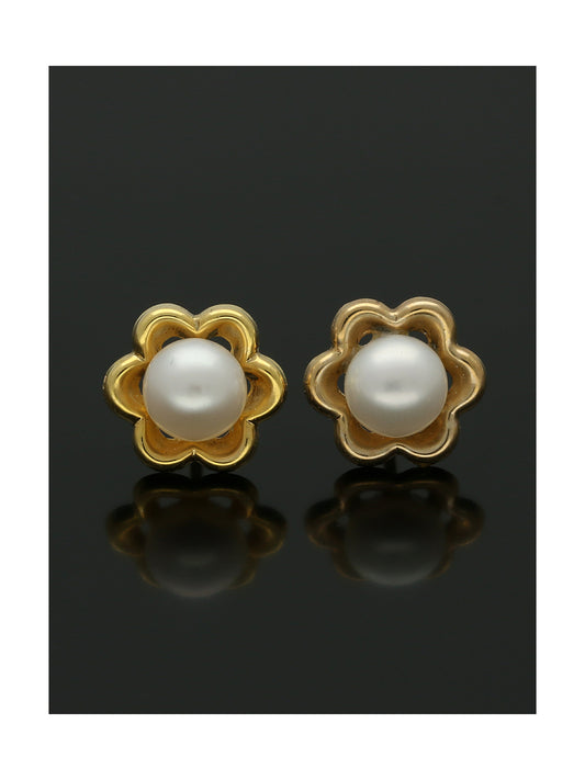 Freshwater Pearl Flower Stud Earrings in 9ct Yellow Gold