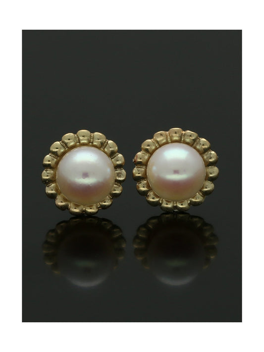 White Cultured Pearl Beaded Stud Earrings in 9ct Yellow Gold