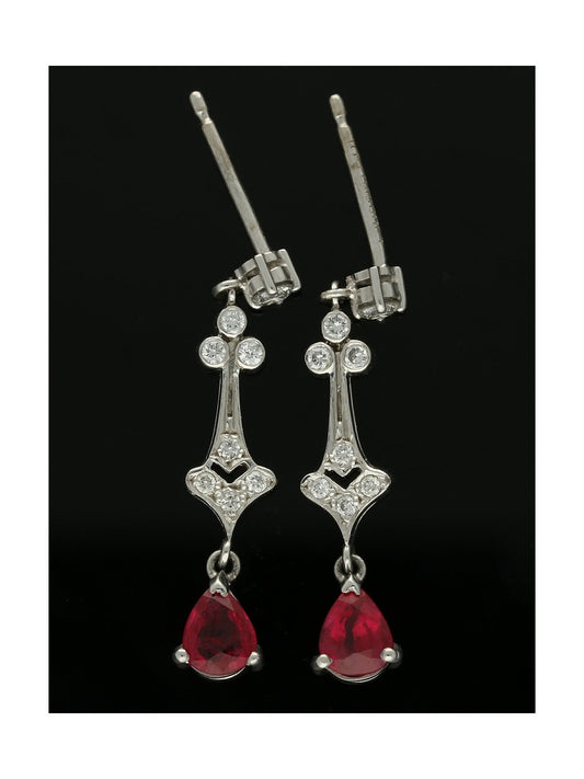 Pear Cut Ruby & Diamond Drop Earrings in 18ct White Gold