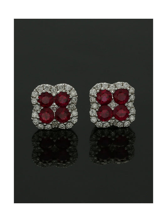 Ruby & Diamond Clover Stud Earrings in 18ct White Gold
