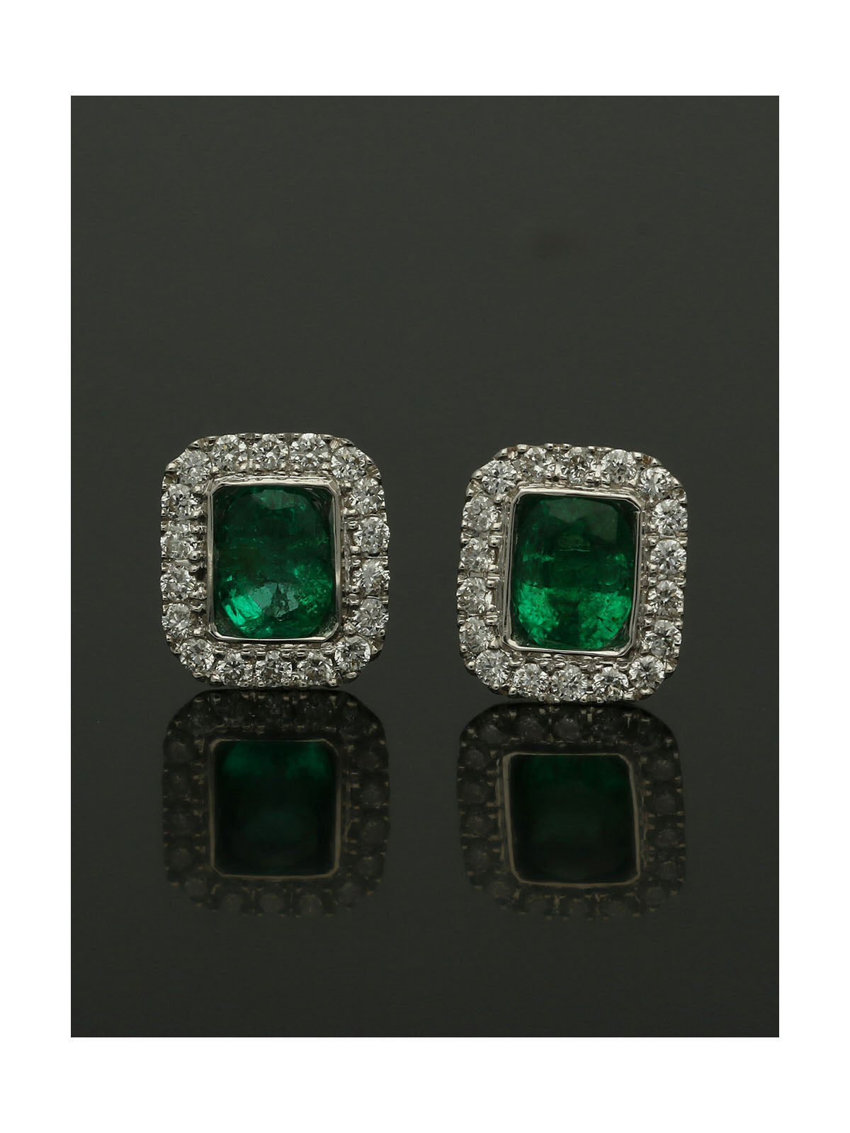 Emerald & Diamond Square Halo Stud Earrings in 18ct White Gold