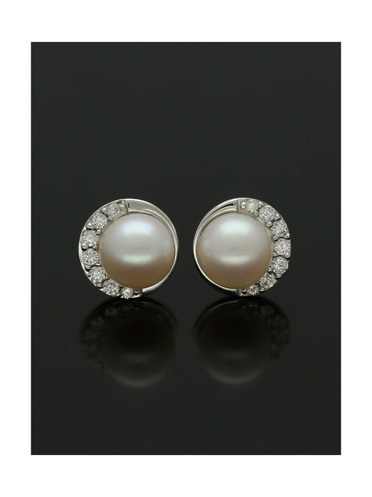White Freshwater Pearl and Diamond Earrings in 18ct White Gold
