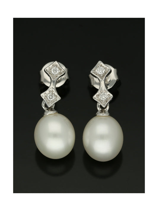 White Cultured Pearl & Diamond Drop Earrings in 9ct White Gold