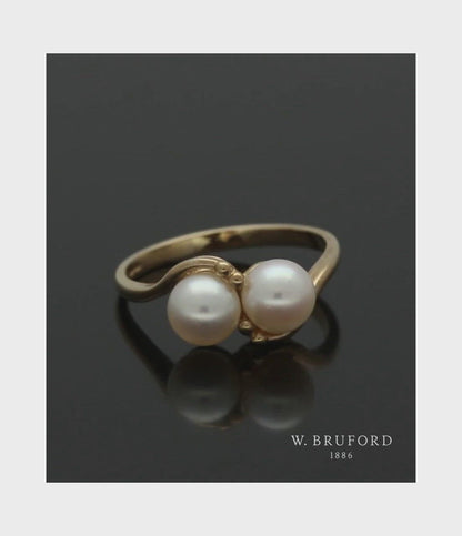 White Double Cultured Pearl Ring in 9ct Yellow Gold