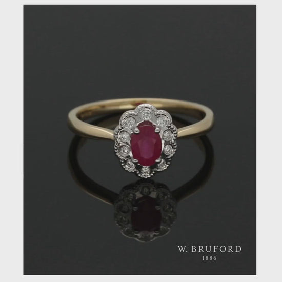 Ruby & Diamond Cluster Ring in 9ct Yellow & White Gold