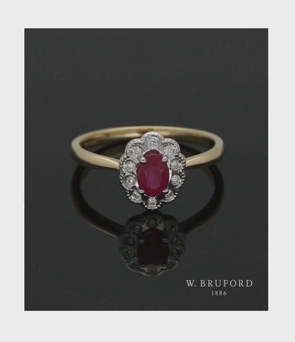 Ruby & Diamond Cluster Ring in 9ct Yellow & White Gold