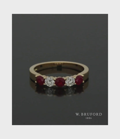 Ruby & Diamond Five Stone Ring Round Brilliant Cut in 18ct Yellow Gold