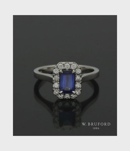 Sapphire & Diamond Cluster Ring Emerald & Round Brilliant Cut in Platinum