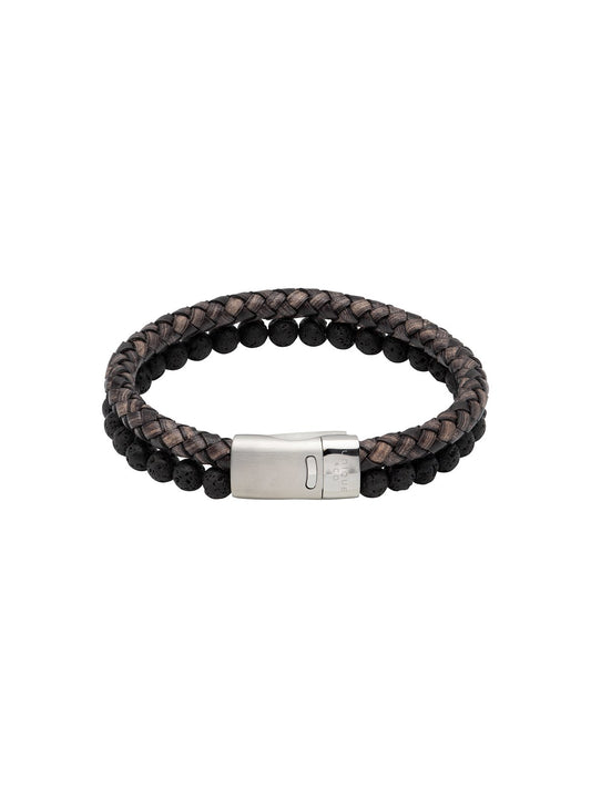Unique & Co. 21cm Antique Black Leather and Lava Stone Bracelet with Steel Magnetic Clasp