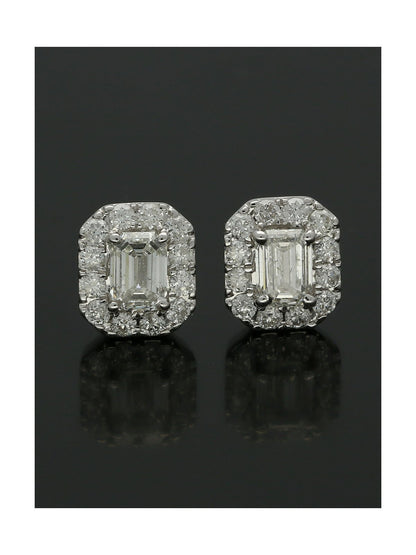 Diamond Cluster Stud Earrings 0.88ct Emerald & Round Brilliant Cut in 18ct White Gold