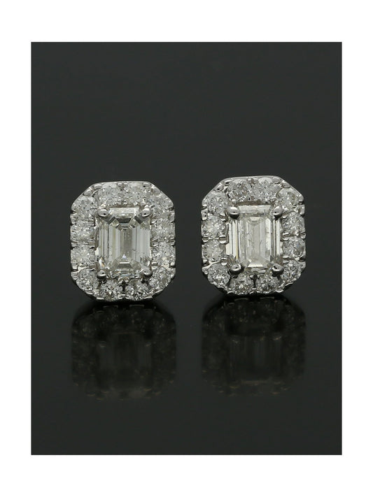 Diamond Cluster Stud Earrings 0.88ct Emerald & Round Brilliant Cut in 18ct White Gold