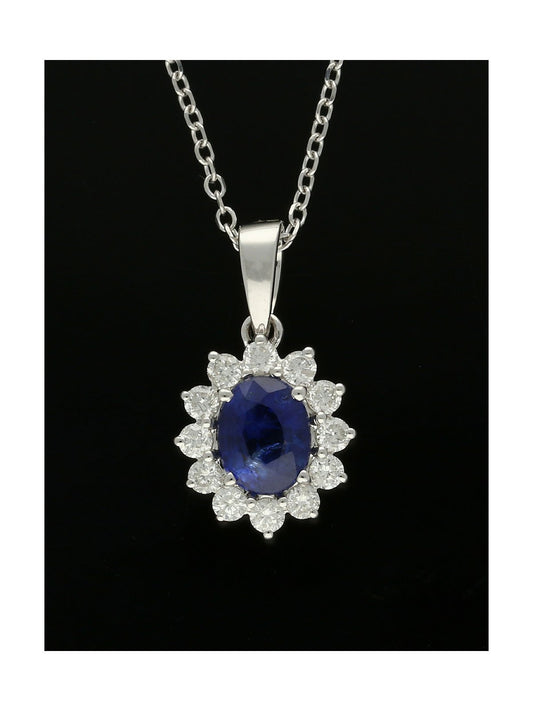 Sapphire & Diamond Cluster Pendant Oval & Round Brilliant Cut in 18ct White Gold