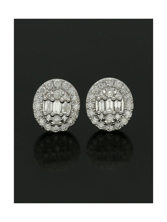 Diamond Cluster Stud Earrings 0.75ct Baguette & Round Brilliant Cut in 18ct White Gold