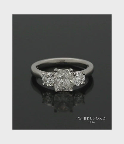 Diamond Three Stone Ring 2.00ct Certificated Cushion & Round Brilliant Cut in Platinum