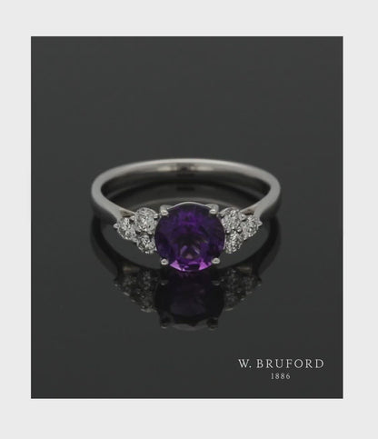 Amethyst & Diamond Trefoil Ring in 18ct White Gold