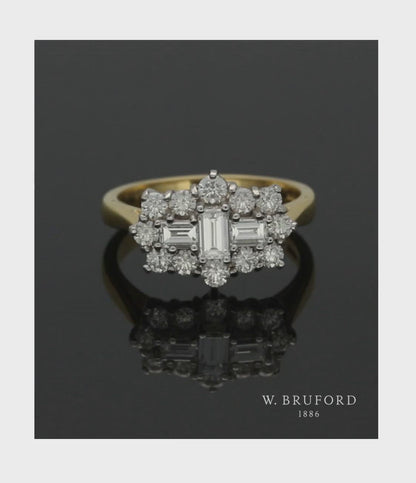 Diamond Cluster Ring 1.35ct Baguette & Round Brilliant Cut in 18ct Yellow & White Gold